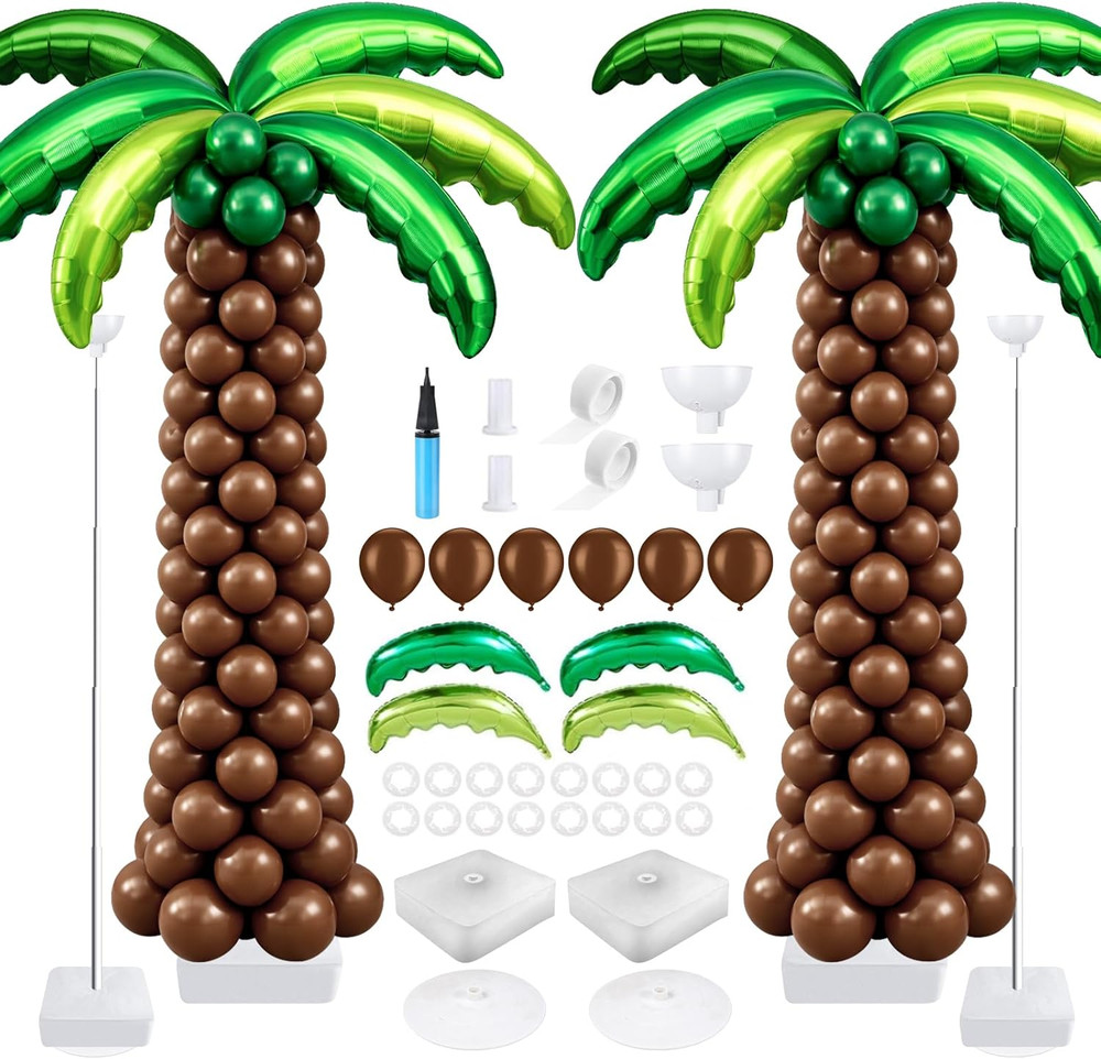 132 Pcs Palm Tree Balloon Column Stand Kit 6.5 Ft with Leaves & Coconut Balloons