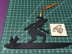 halloween / Surfing Hanging Witch & Cat. Laser Cut Painted Plywood. With Ribbon.