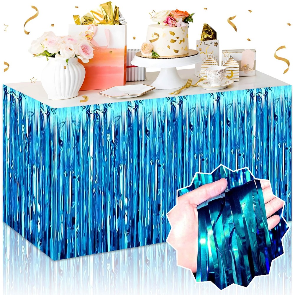 3 Pack 29 x108 Inch Lake Blue Foil Fringe Table Skirts Metallic