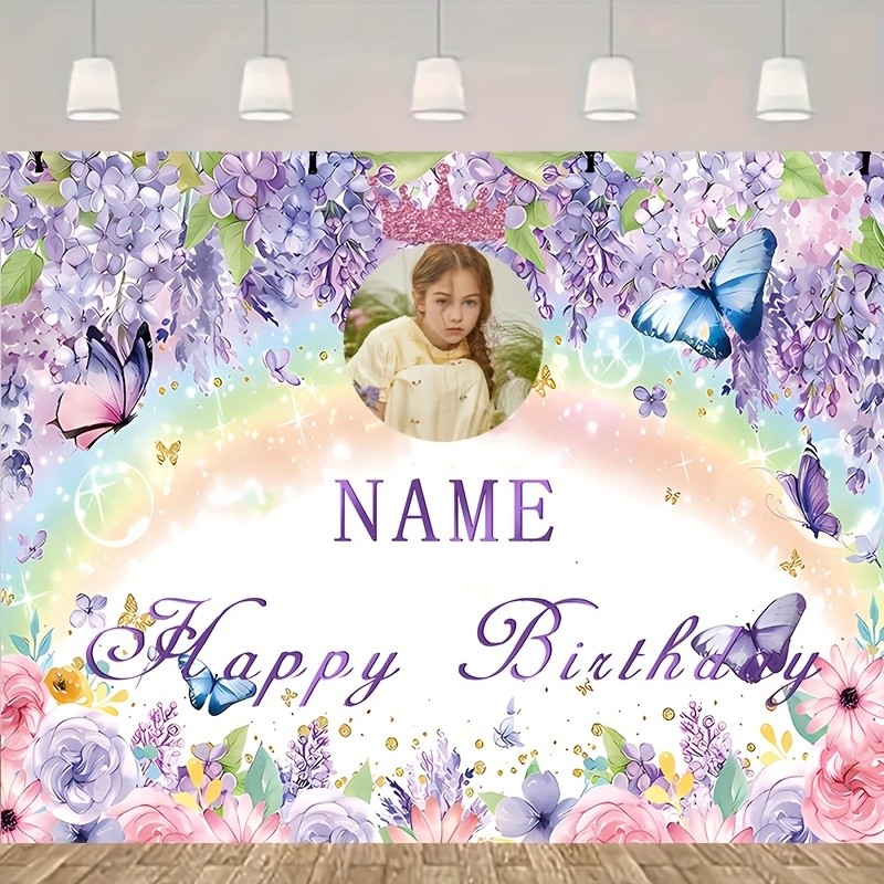 1pc Personalized Purple Flower Butterfly Princess Birthday Poster Tapestry Art ❀