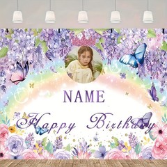 1pc Personalized Purple Flower Butterfly Princess Birthday Poster Tapestry Art ♪