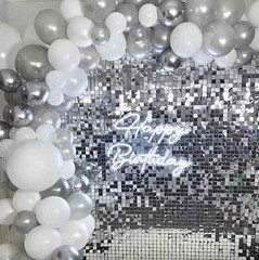 Silver Shimmer Wall Backdrop 20 pcs and Silver White Balloon Garland