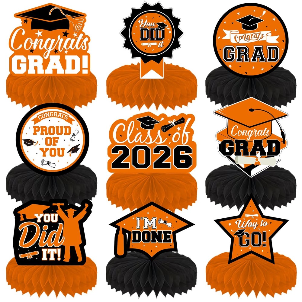 9 PCS Orange Black Congrats Grad 2026 Graduation Table Honeycomb Centerpieces