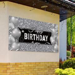 Sumind Black Silver Happy Birthday Banner Backdrop Party Decoration for Men Wome