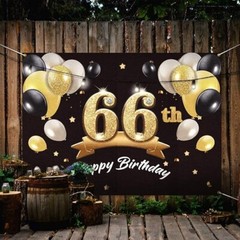 Happy 66th Birthday Banner Backdrop – Party Decorations Black Gold 4 x 6ft