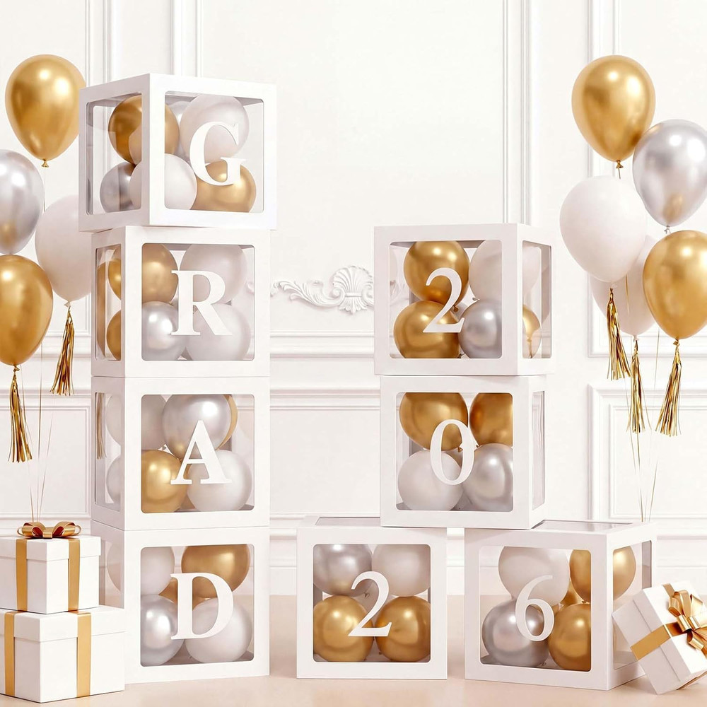 2026 Graduation Balloon Boxes Decorations, 4 Pieces White Clear Grad Balloon Box