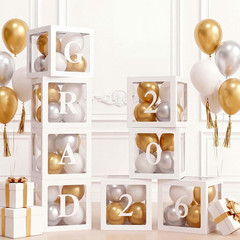 2026 Graduation Balloon Boxes Decorations, 4 Pieces White Clear Grad Balloon Box