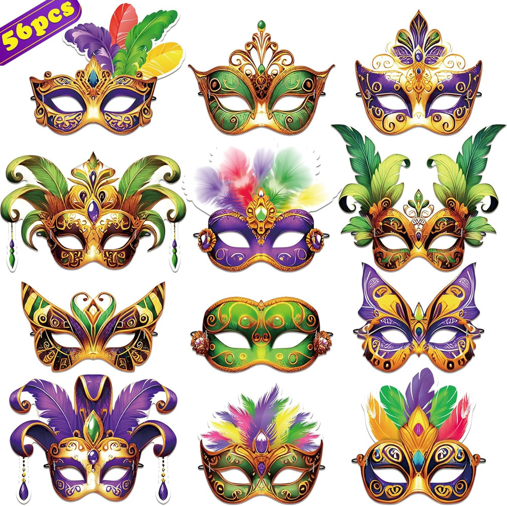 56-Piece Mardi Gras Mask Set: Carnival Party Decorations and Favors