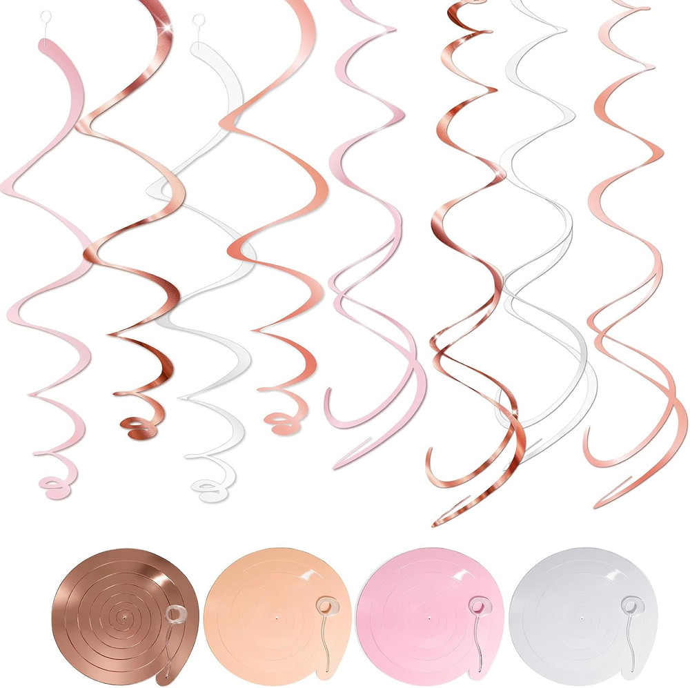 Pink Hanging Swirl Decorations for Party – 42PCS Rose Gold Foil Ceiling Streamer