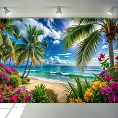 Hawaiian Beach Backdrop Background Tropical Aloha Banner Palm Flowers Photo