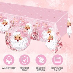 Pink Santa Christmas Party Tableware Set Includes Tablecover Banner and Utensil