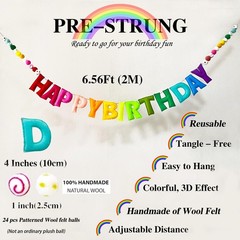 Pre-Strung 4 Inches 6.56Ft, Rainbow Happy Birthday Banner with Wool Balls