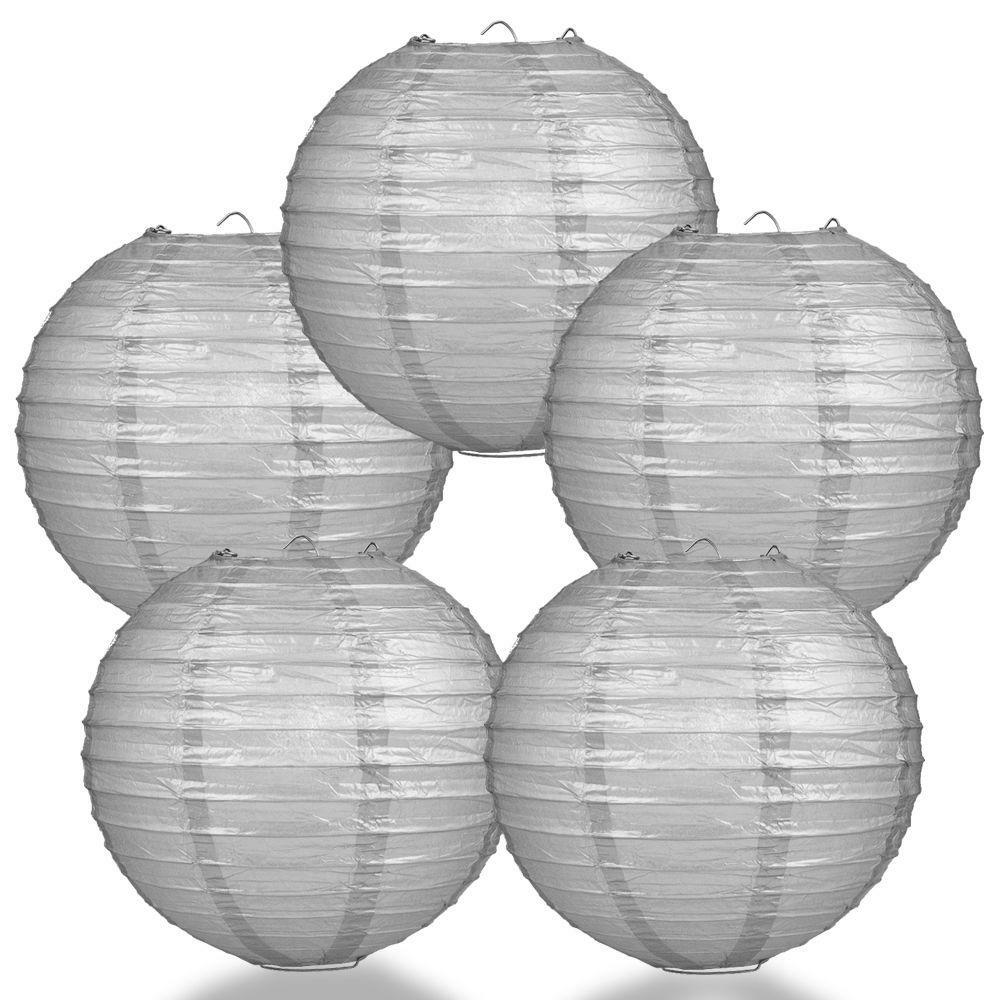 BULK PACK (5) 6″ Silver Round Paper Lantern, Even Ribbing, Chinese Hanging Weddi