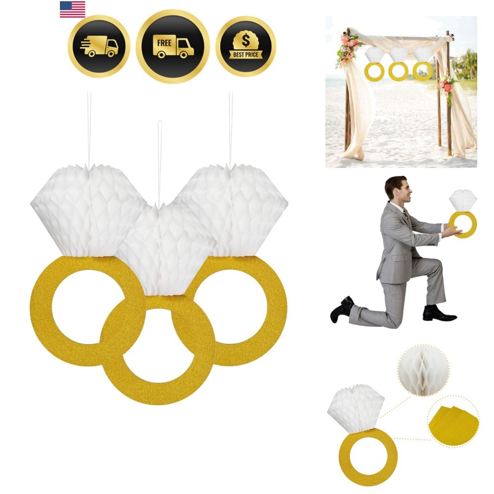 Elegant Gold Honeycomb Diamond Ring Hanging Decor – 3 Piece Set for Parties