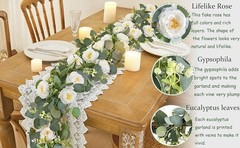 2 Pack 6Ft Artificial Eucalyptus Flower Garland with White Roses, Faux Floral