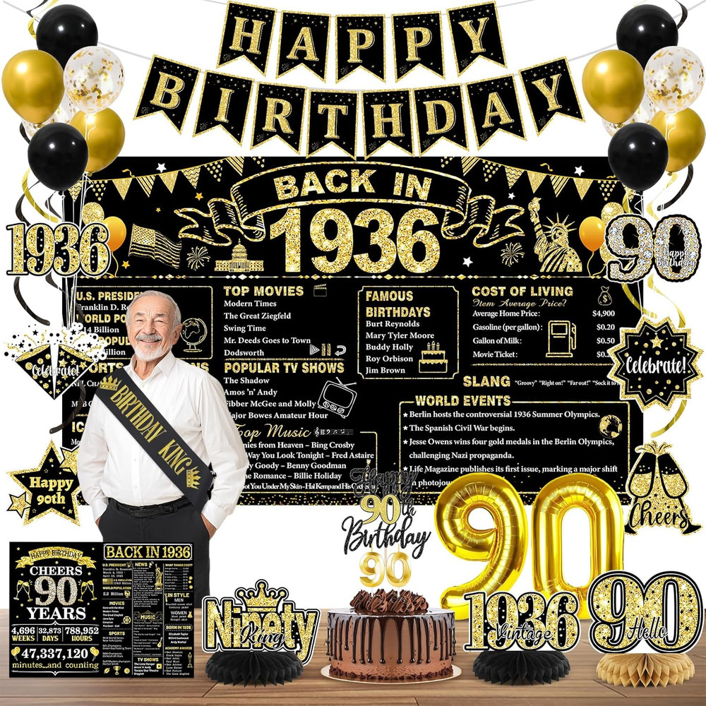 90Th Birthday Decorations for Men, Black Gold Back in 1936 Party Supplies Kit wi