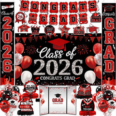 Graduation Decorations Class of 2026, Red and Black Graduation Party Supplies, B