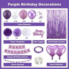 Purple Birthday Decorations Kit Balloons Banner Pompoms Garland Heart Decor New