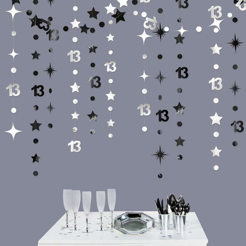 Silver Black 13Th Birthday Decorations Number 13 Circle Dot Twinkle Star Garland