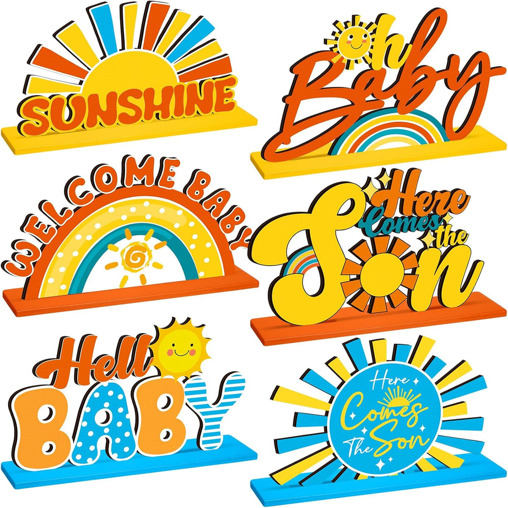 6 Pcs Here Comes the Son Baby Shower Decorations Retro Boho Party Centerpiece fo