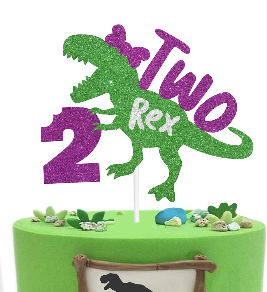 T-Rex Cake Topper Birthday For Two Year Old Dinosaur Pink And Green