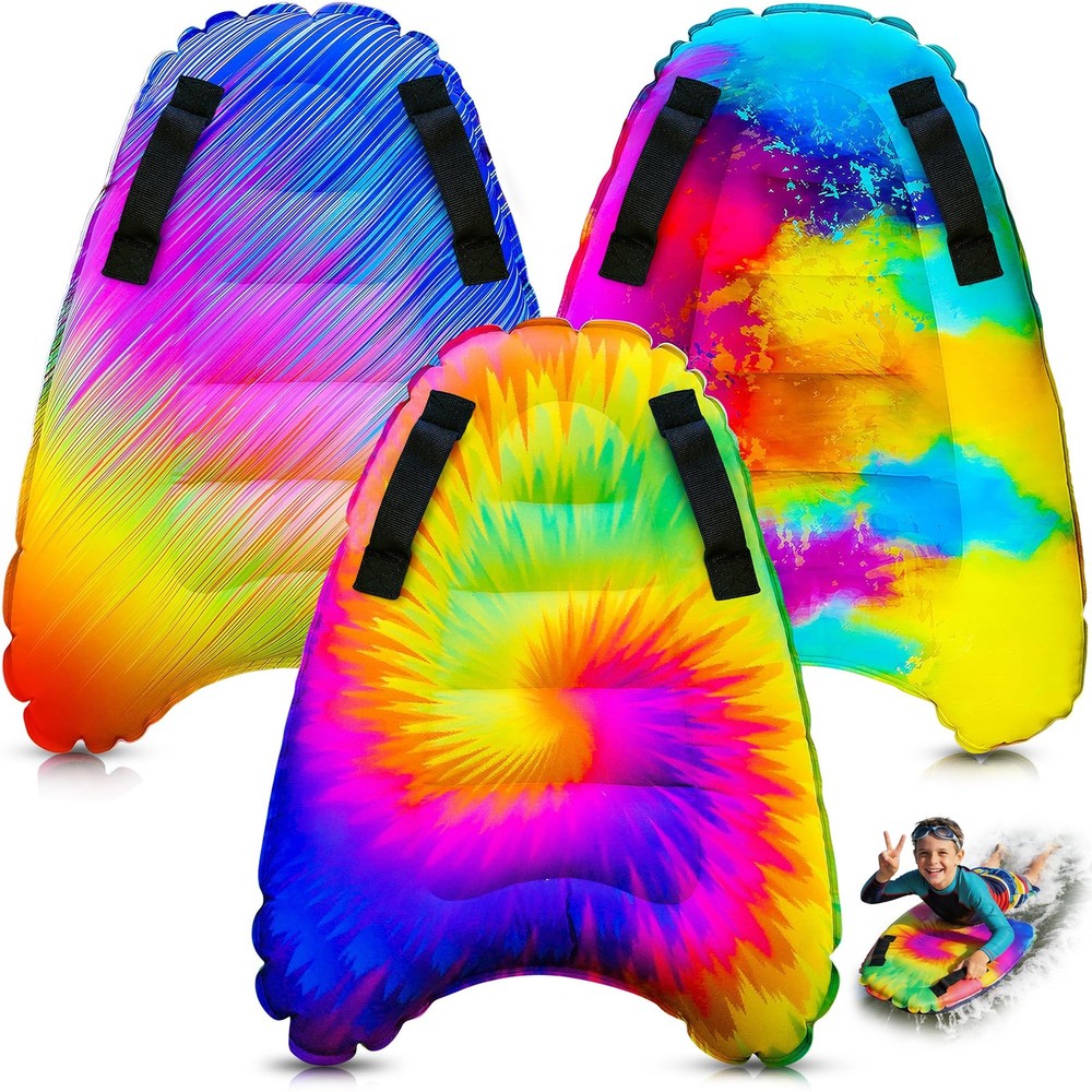 3 Pack Inflatable Surf Body Boards with Handles for Water Slides, Boogie Boar…