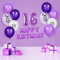 Purple 16th Balloons Decorations – 16Pcs Purple White Happy 16th Confetti Lat…