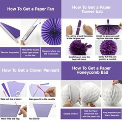 24 Pcs Purple Decorations Kit, Reusable Hanging Fans Triangle Banner Tissue P…