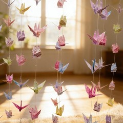 Pink Cherry Blossom Crane Hanging Garland(3stringsX 5.2ft), Japanese Origami …
