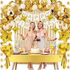 Gold Birthday Decorations Set – 92Pcs Set Gold Banner, Star Garland, Crown, S…