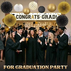 Black and Gold Party Decorations Set with Hanging Paper Lanterns Fans for Gra…