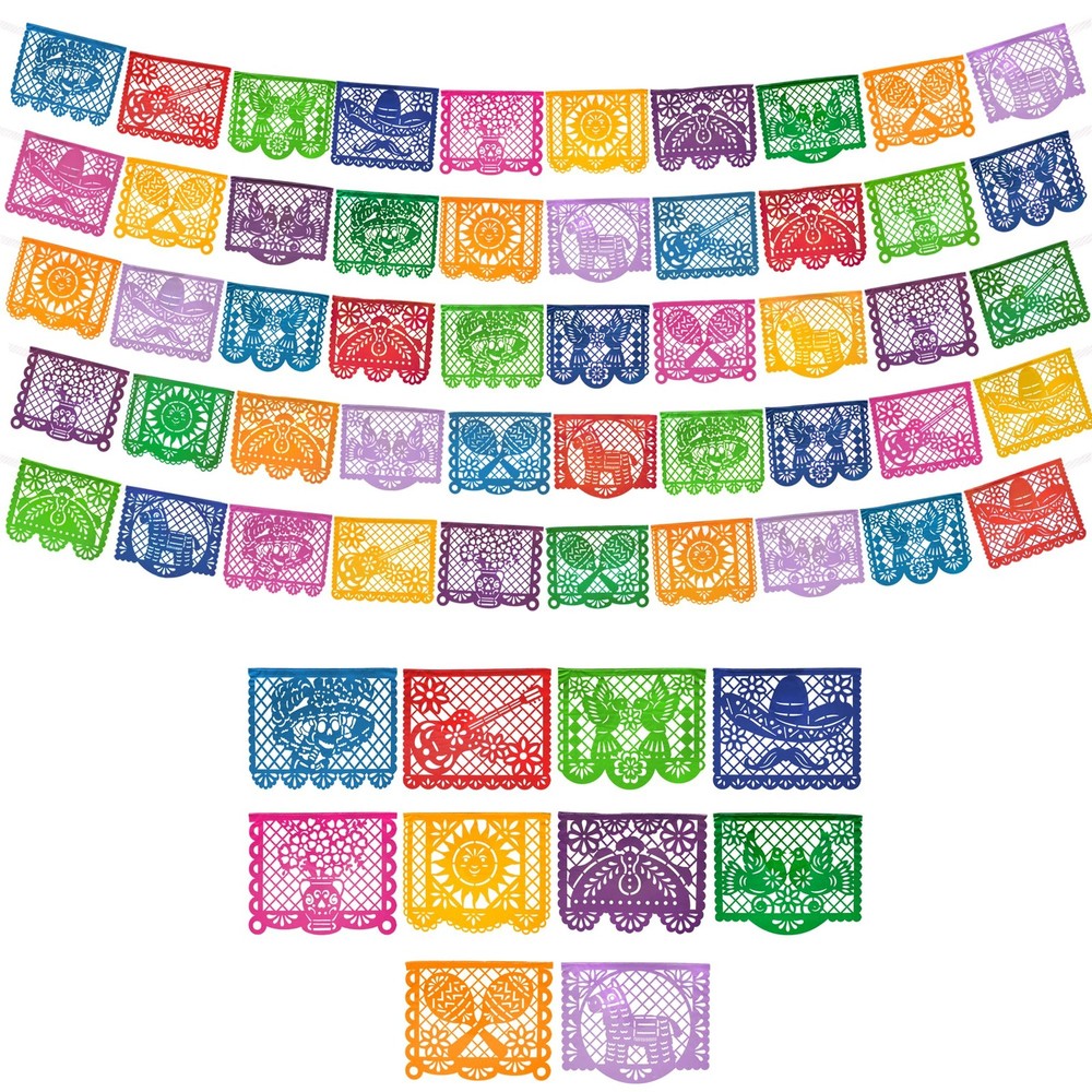 Mexican Party Banners (5 Pack with 10 Plastic Flags per Banner) – Papel Picad…
