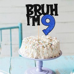 1 PCS Bruh I’m 9 Cake Topper Glitter Happy 9th Birthday Pick Blue Supplies