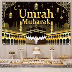Umrah Mubarak Banner Party Decorations, Gold & Black Backdrop Islamic Party Sup