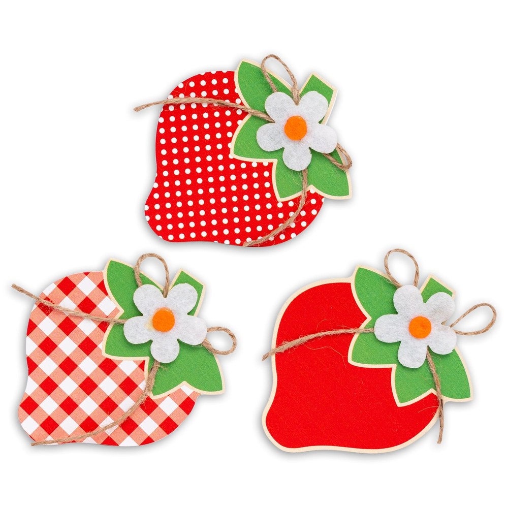 Strawberry Theme Shaped Wooden Block Table Tiered Tray Ornaments 3 Pcs Set