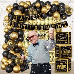 Happy Retirement Party Decorations Kit for Men Women, Black Gold Retirement