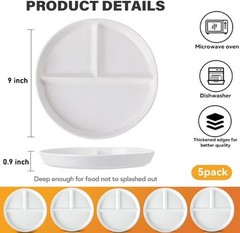 (5 Pack) Portion Control Plate for Balanced Eating, 9inch, White – 5PACK-9IN