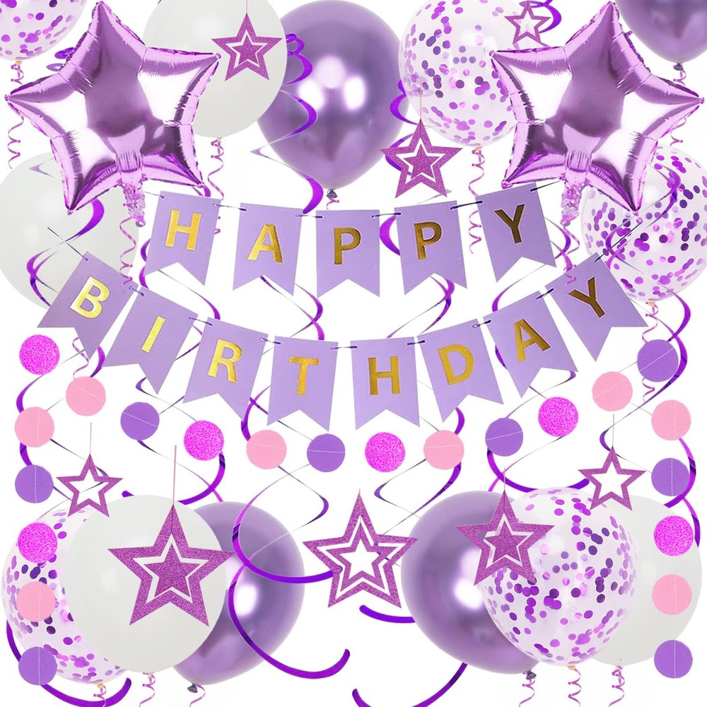 Purple and Glitter Party Supplies, Birthday Banner, Star Balloons, Paper Garland