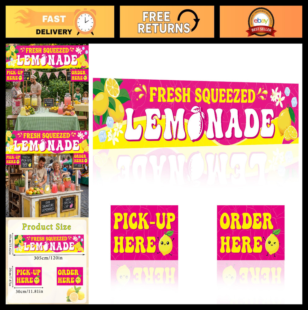 Lemonade Stand Supplies – 3 Pcs Pink Fresh Squeezed Banner & Signs 3×10 ft Outdo