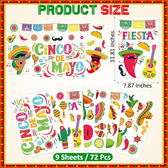 72 PCS Cinco De Mayo Decorations, 9 Sheets Cinco De Mayo Window Clings, Double-S