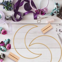 Metal Floral Hoops: Moon Table Decoration Set with Wooden Stands 10.23X7.87 I…