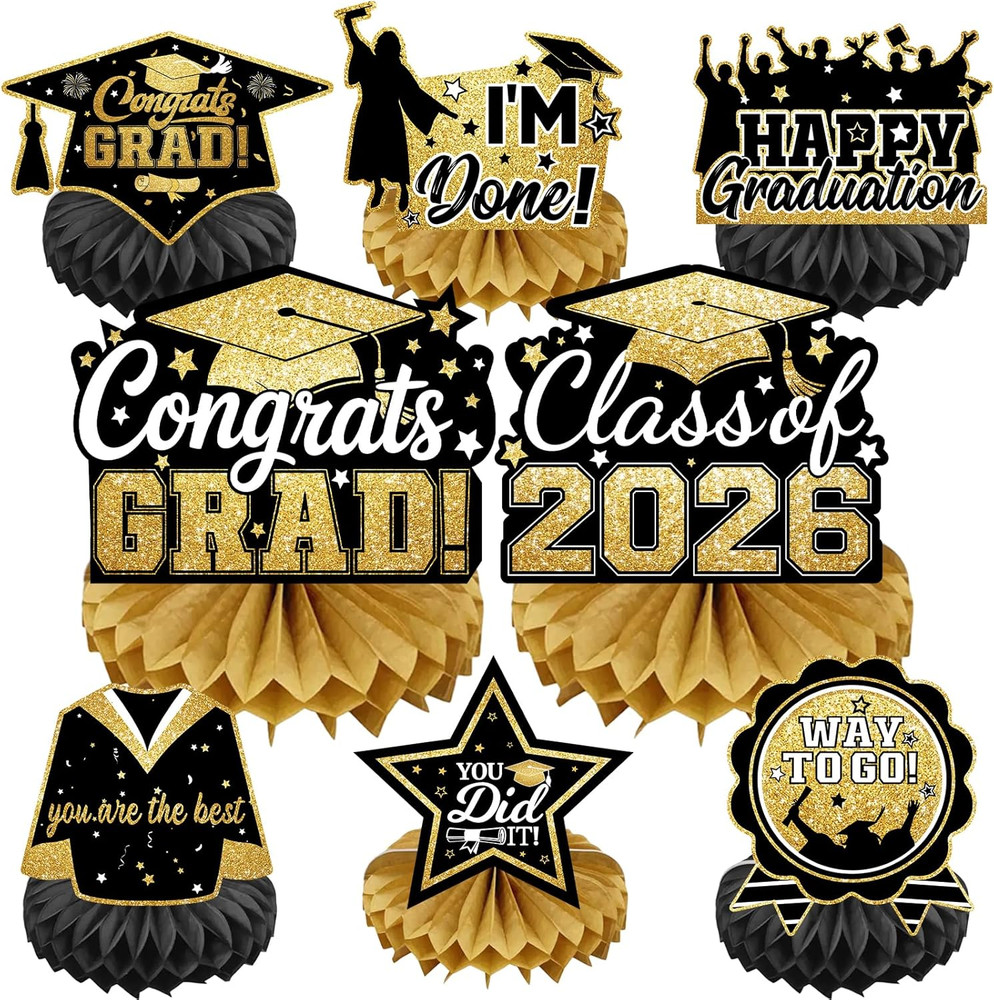 Black and Gold 8 Pieces Graduation Table Decorations, Class of 2026 Congrats Gra