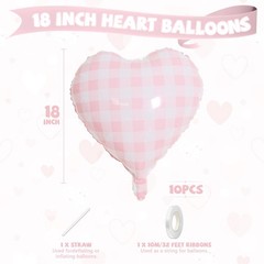 Pink White Checkered Heart Balloons, 10 Pcs Light Pink Grid Heart Shape Ballo…