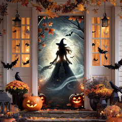 Halloween Decorations Witch Pumpkins Bats Haunted House Door Cover Banner 35X71″