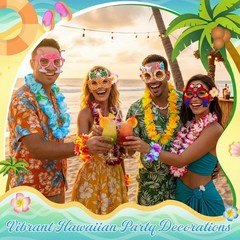 60 Pcs Hawaiian Leis Party Decorations – Luau Theme Glasses, Flower Clips & Wris