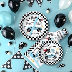 Fast One Birthday Decorations For Boys Tableware – Blue Race Car 1st Birthday Pa