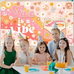 Mocsicka Groovy 5th Birthday Backdrop Banner Five is a Vibe Birthday Background