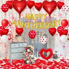 Happy Anniversary Decorations Kit – Gold Happy Anniversary Banner, Red Heart …