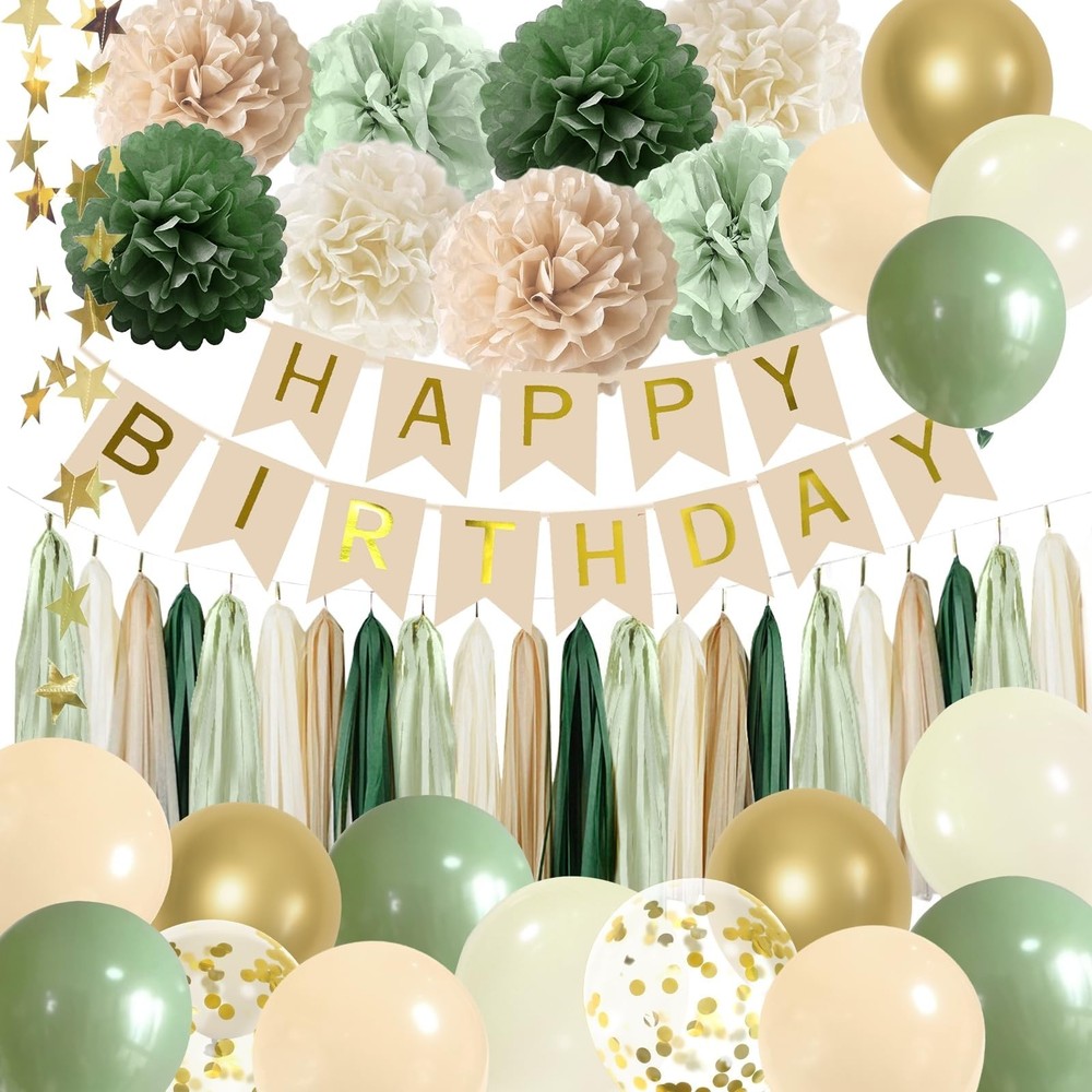 Sage Green Party Decorations with Banner, Tissue Tassels, Pompoms, Balloons, …