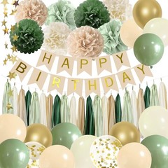 Sage Green Party Decorations with Banner, Tissue Tassels, Pompoms, Balloons, …